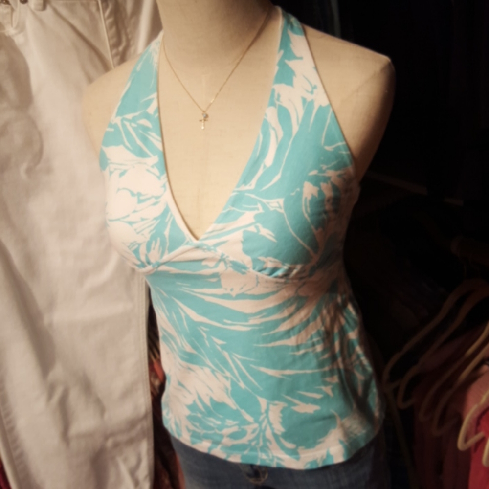 J. CREW ♡ Sweet Cute 'n Sexy Vintage Aqua 'n White Floral Babydoll Halter Top XS